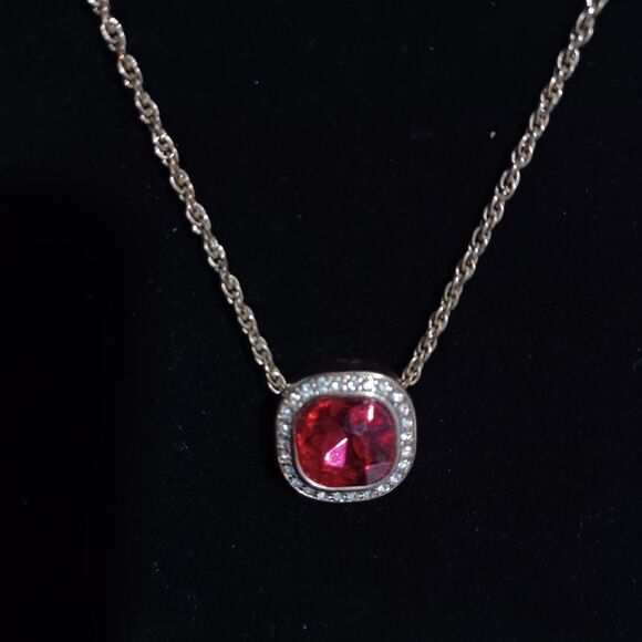 Gold-Toned Red Stone Pendant Necklace, 20" - Picture 2 of 3